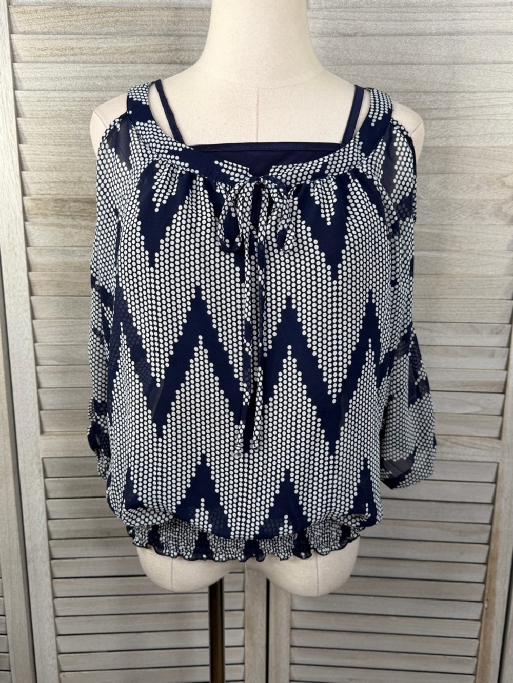 IZ BYER Navy & White Chevron Dot Cold Shoulder Layered  Blouse-Large